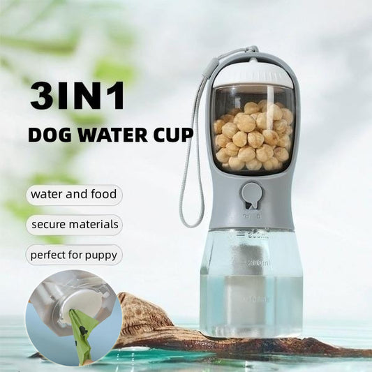 AdventurePup™ 3-in-1 Portable Travel Bottle – Water, Food & Waste Bag Dispenser