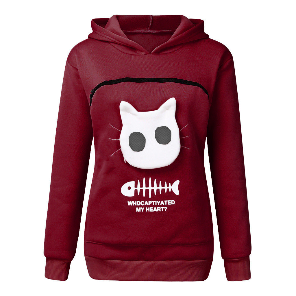 Cozy Cat Mom Hoodie with Pet Carrier Pocket