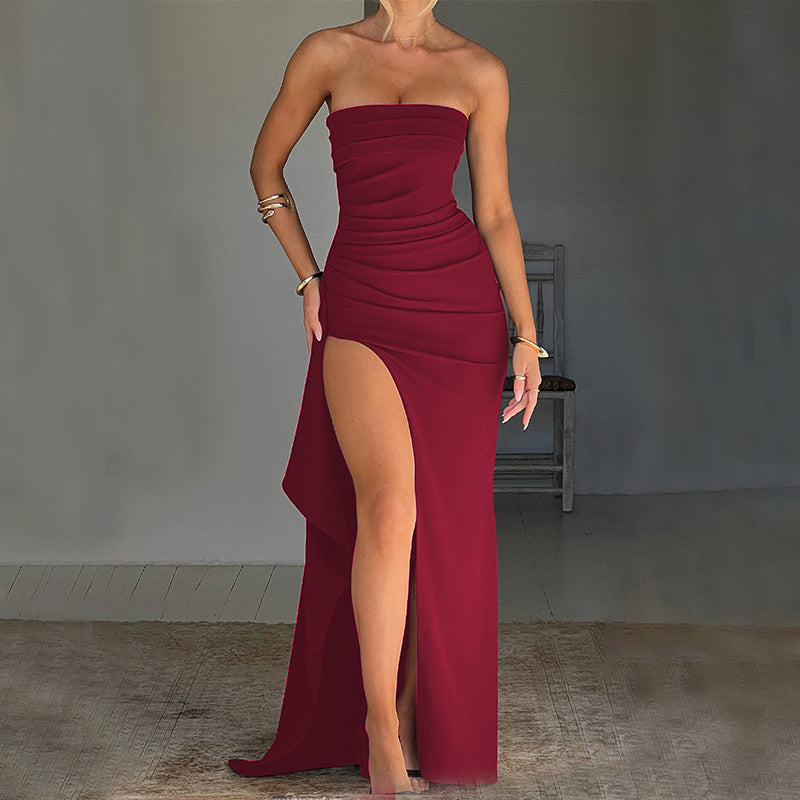 Elena Pleated Maxi Dress – Strapless High-Slit Evening & Bridesmaid Gown