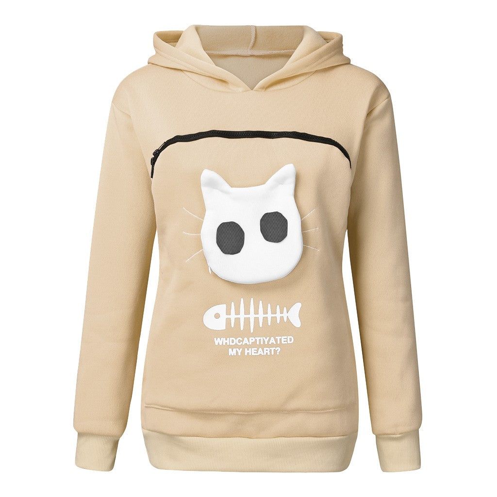 Cozy Cat Mom Hoodie with Pet Carrier Pocket