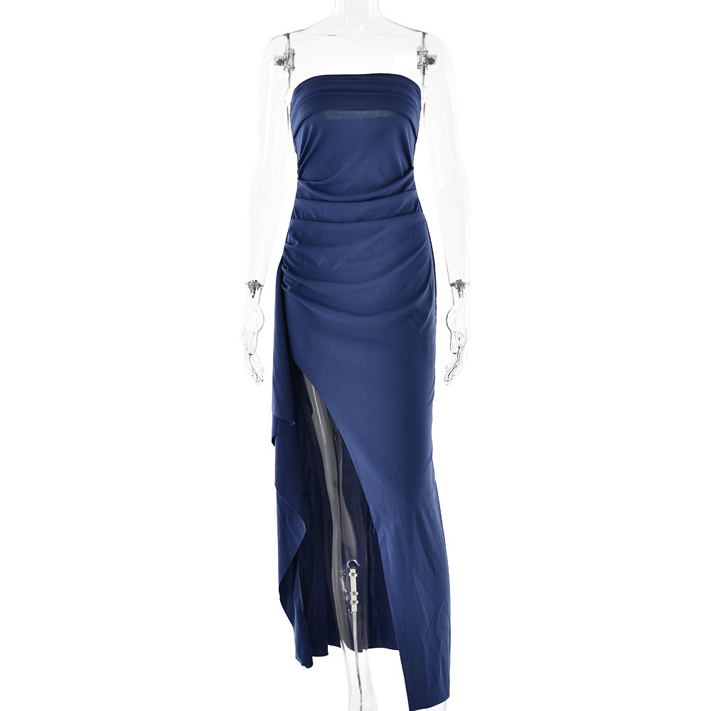 Elena Pleated Maxi Dress – Strapless High-Slit Evening & Bridesmaid Gown
