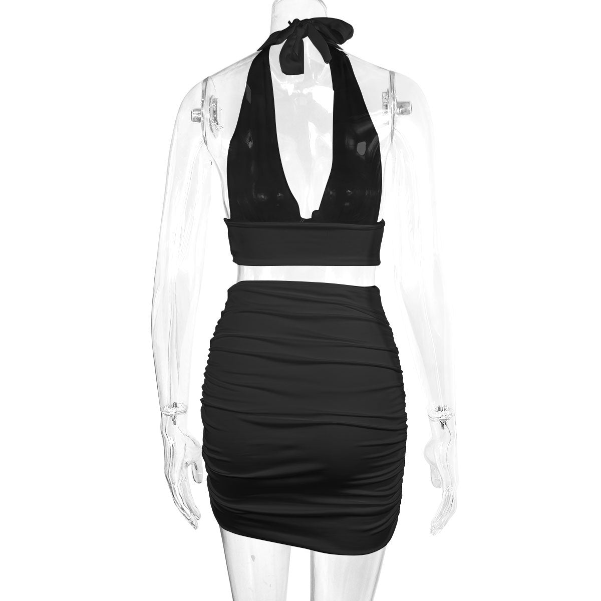 Trend Ritual™ Ribbed Halter Two-Piece Set - Bodycon Lace-Up Top & Pleated Skirt