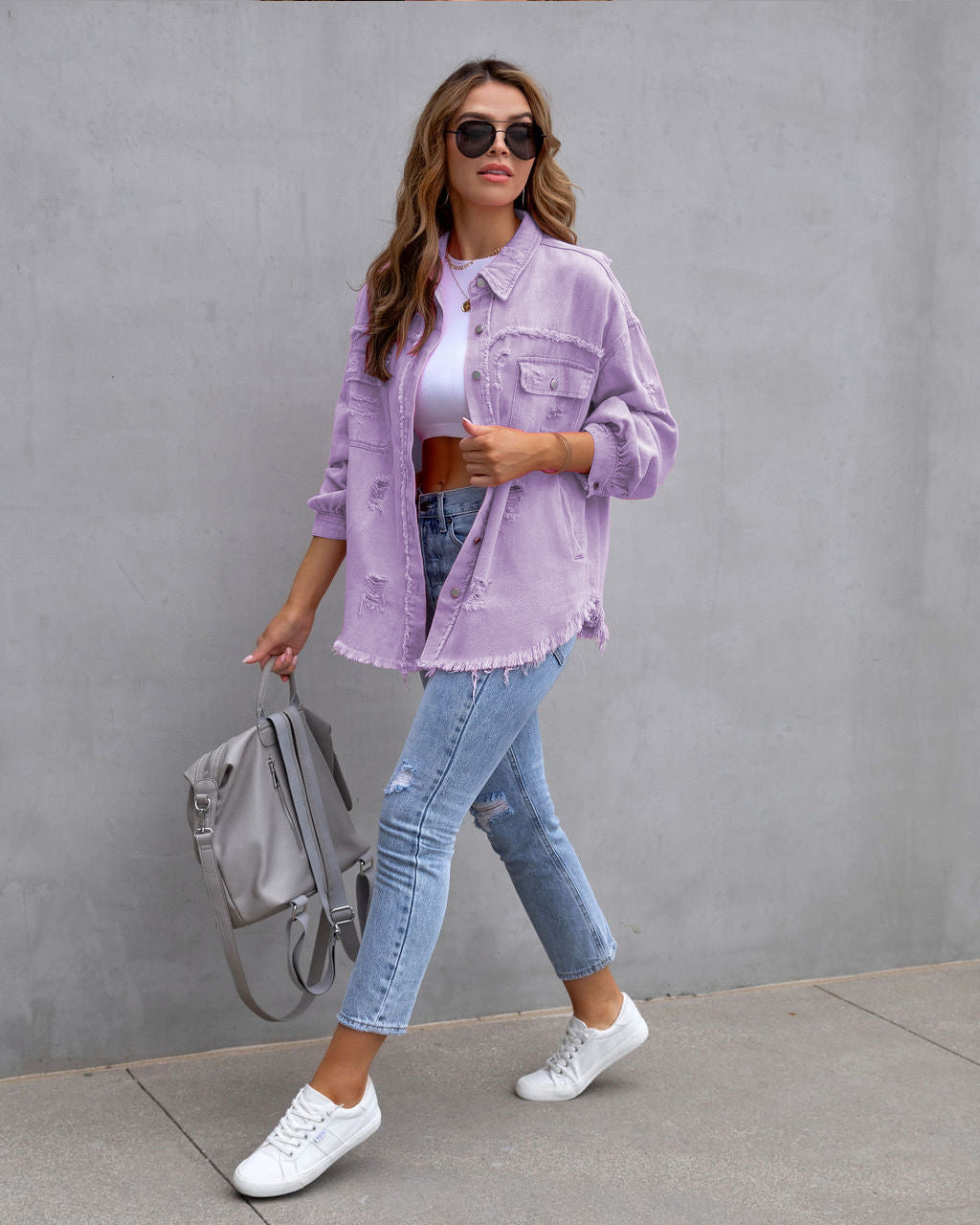 Nova Distressed Shacket – Oversized Ripped Denim-Style Shirt Jacket