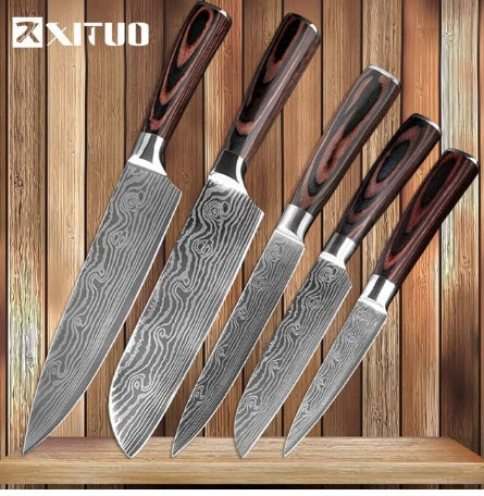 KuroHagane™ Damascus-Style Kitchen Knife Set | Professional 7Cr17 Stainless Steel