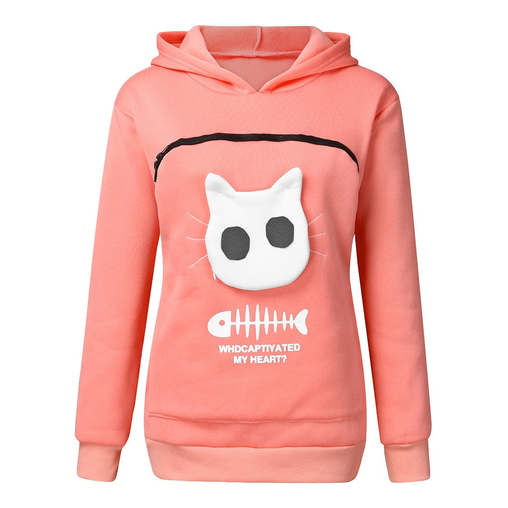 Cozy Cat Mom Hoodie with Pet Carrier Pocket