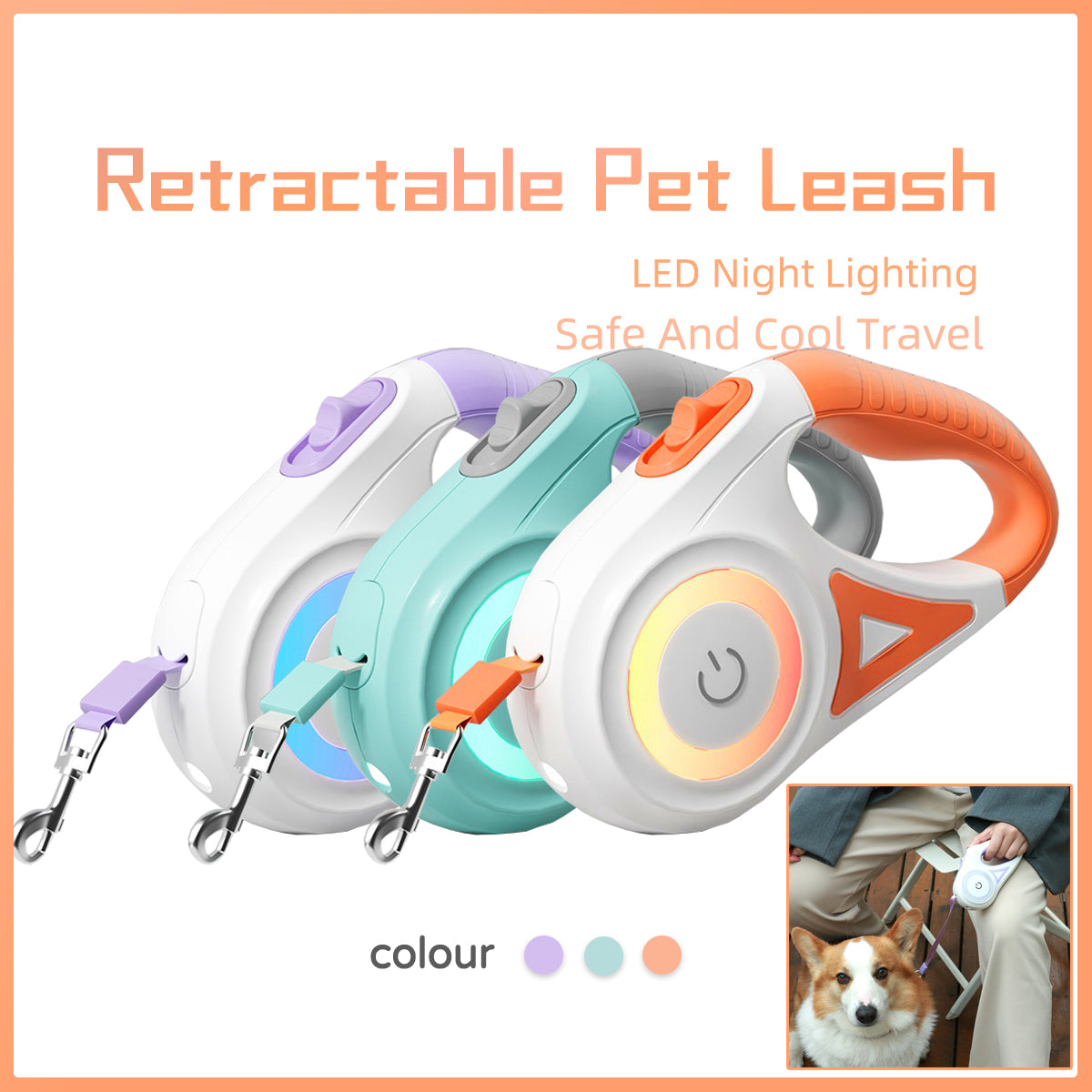 GlowGuide™ LED Retractable Dog Leash – 360° Tangle-Free with Integrated Spotlight