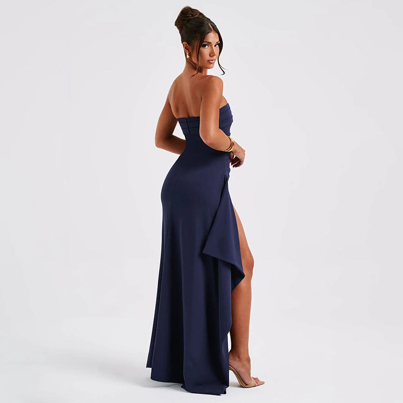 Elena Pleated Maxi Dress – Strapless High-Slit Evening & Bridesmaid Gown