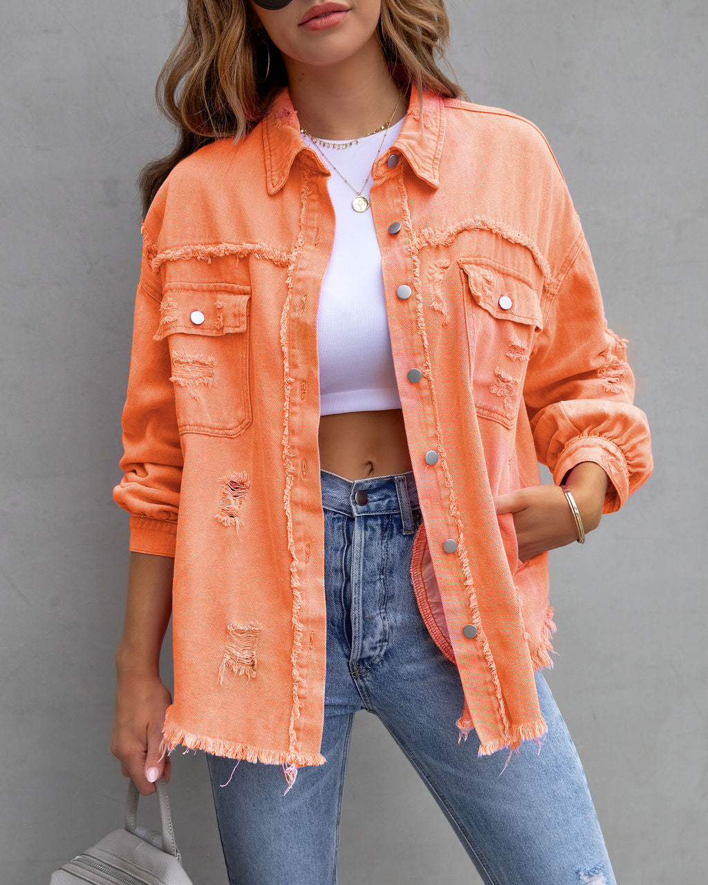 Nova Distressed Shacket – Oversized Ripped Denim-Style Shirt Jacket