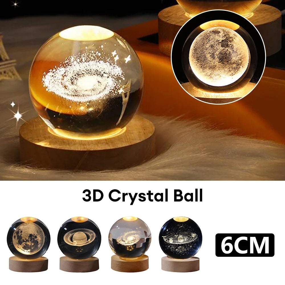 Trend Ritual™ 3D Galaxy Crystal Ball - Luminous Solar System Night Light with Wooden Base