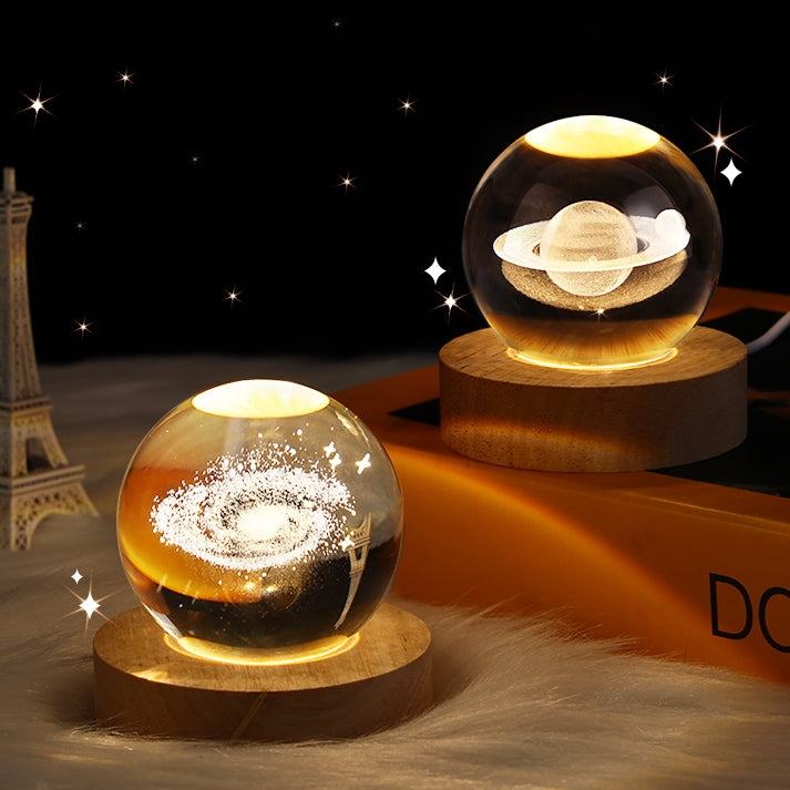 Trend Ritual™ 3D Galaxy Crystal Ball - Luminous Solar System Night Light with Wooden Base