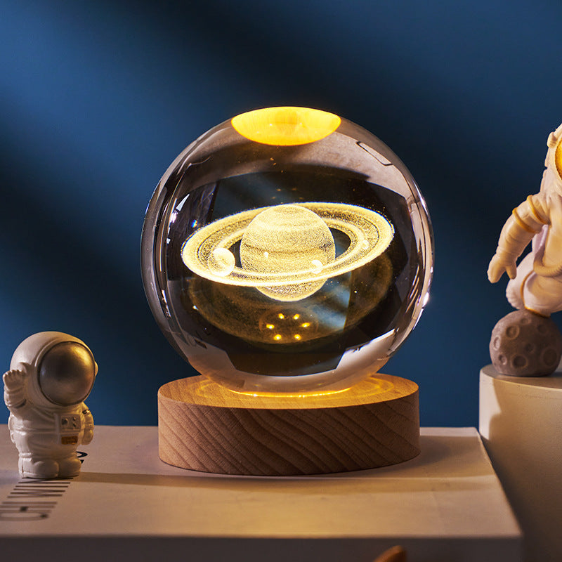 Trend Ritual™ 3D Galaxy Crystal Ball - Luminous Solar System Night Light with Wooden Base