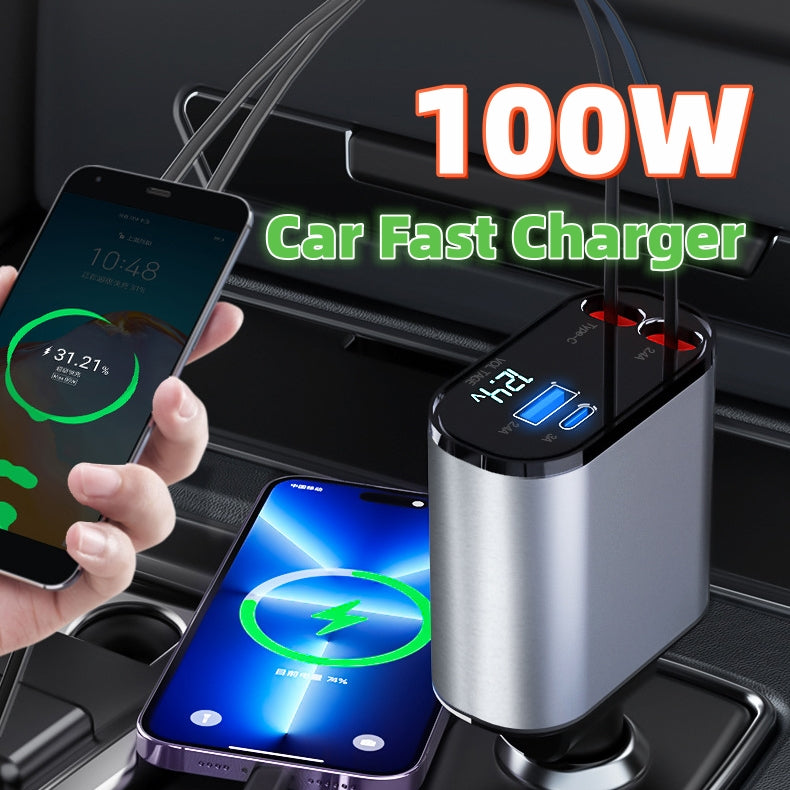 Trend Ritual™ 100W Retractable Super Fast Car Charger - 4-in-1 Rapid Charging Hub