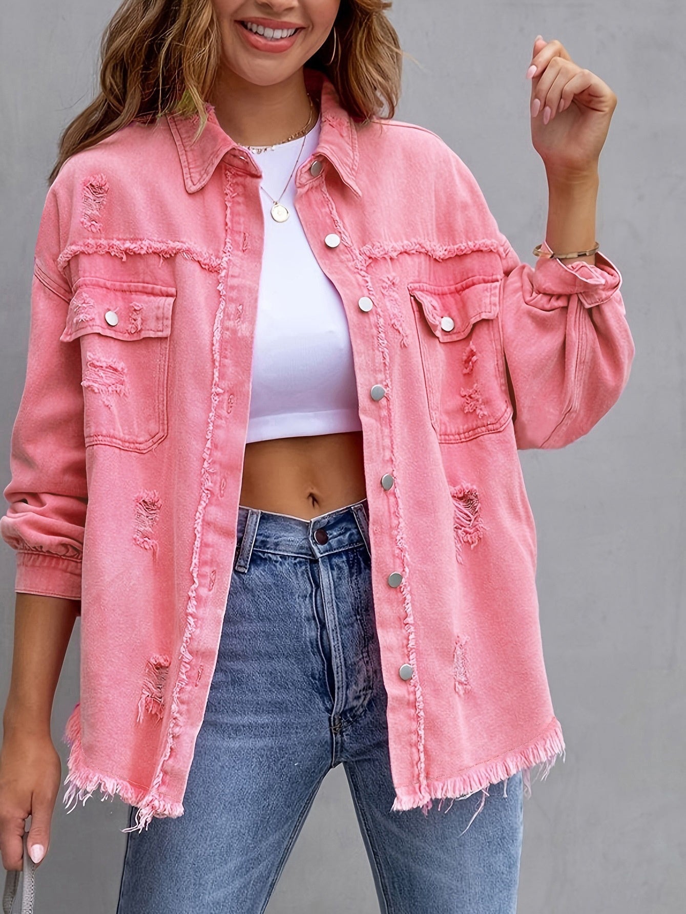 Nova Distressed Shacket – Oversized Ripped Denim-Style Shirt Jacket