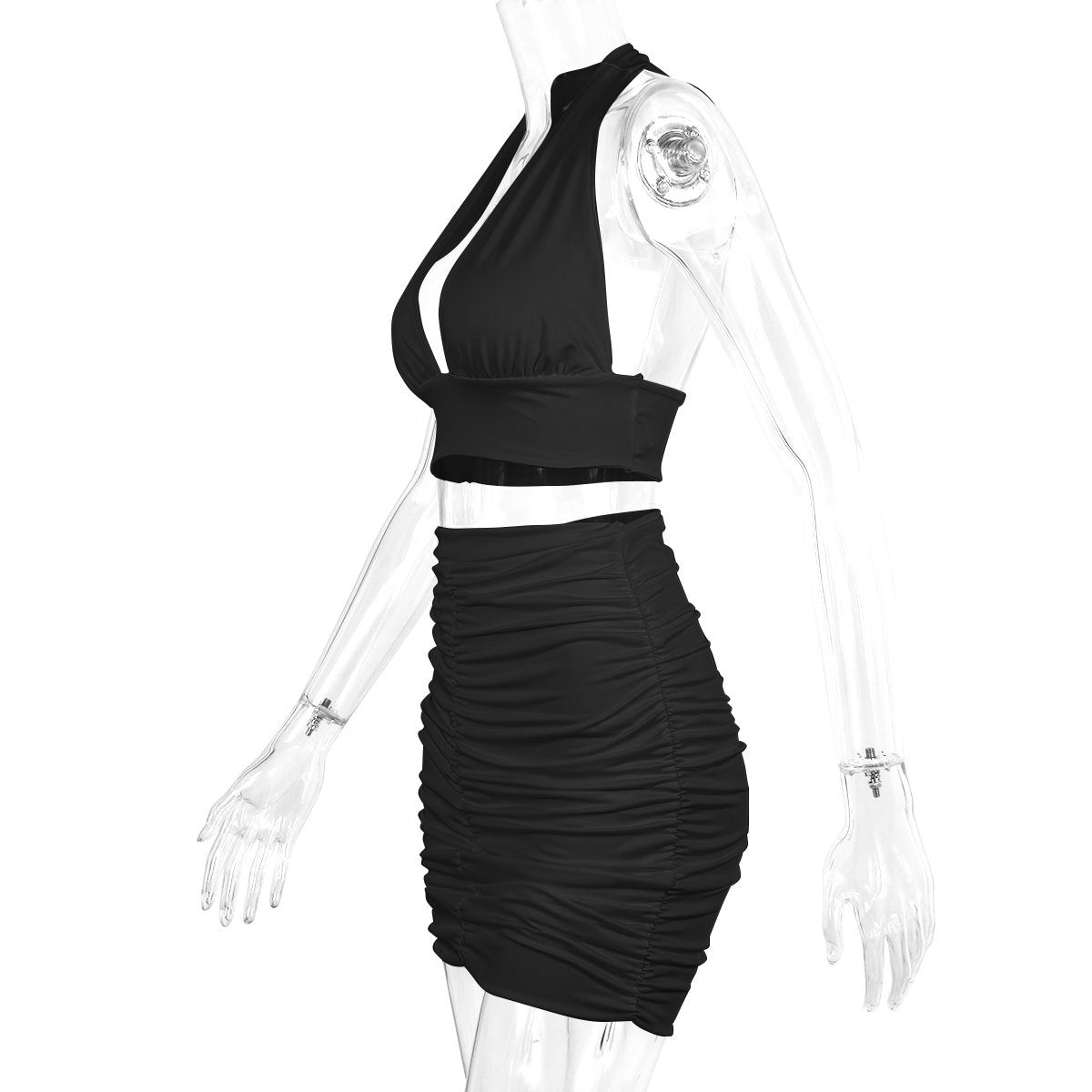 Trend Ritual™ Ribbed Halter Two-Piece Set - Bodycon Lace-Up Top & Pleated Skirt