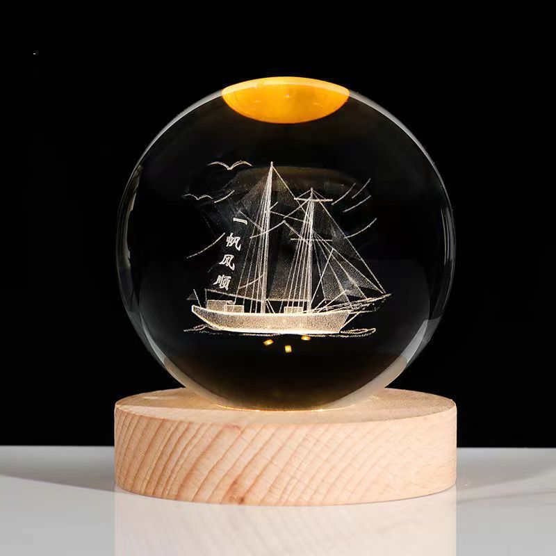 Trend Ritual™ 3D Galaxy Crystal Ball - Luminous Solar System Night Light with Wooden Base