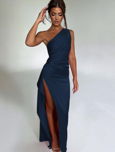 Aurelia Satin One-Shoulder Gown – Elegant Backless Maxi with Thigh-High Slit