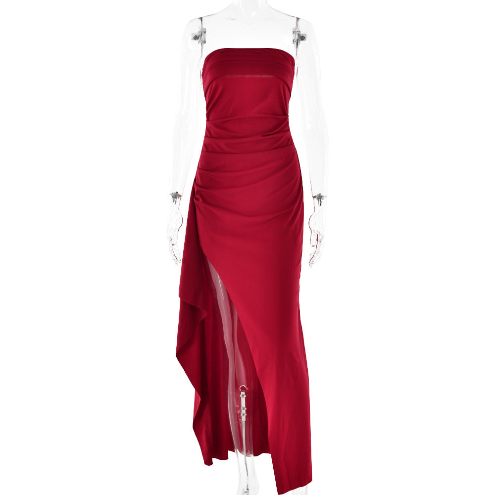 Elena Pleated Maxi Dress – Strapless High-Slit Evening & Bridesmaid Gown