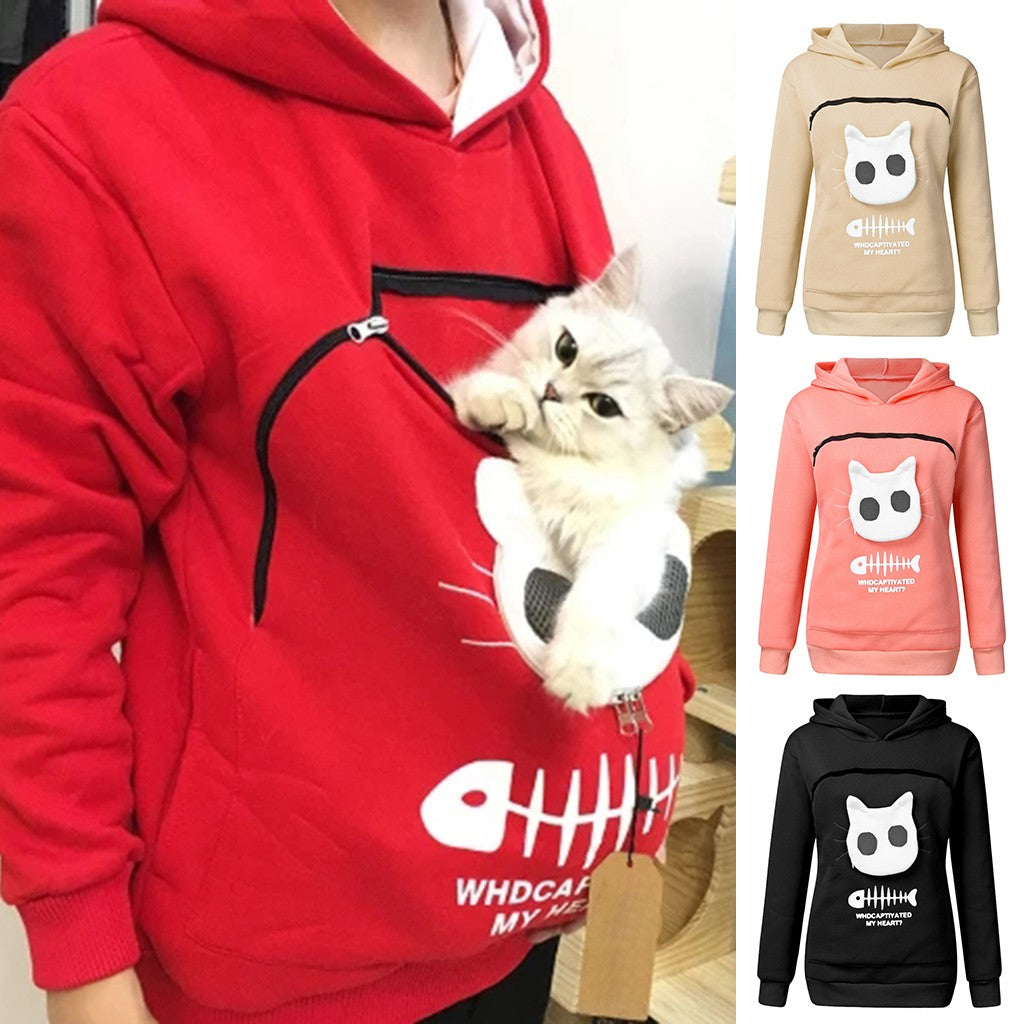 Cozy Cat Mom Hoodie with Pet Carrier Pocket