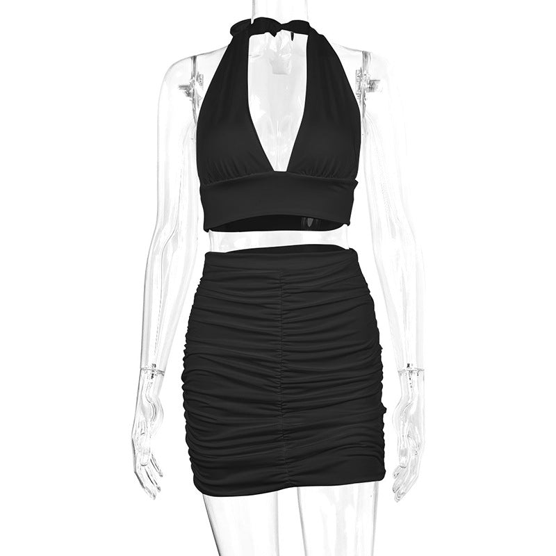 Trend Ritual™ Ribbed Halter Two-Piece Set - Bodycon Lace-Up Top & Pleated Skirt
