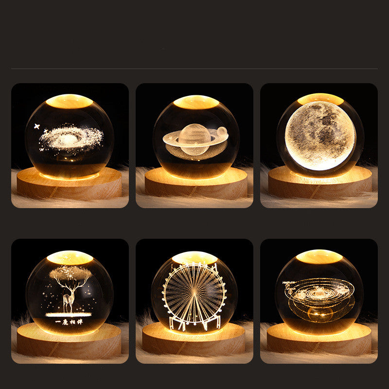 Trend Ritual™ 3D Galaxy Crystal Ball - Luminous Solar System Night Light with Wooden Base