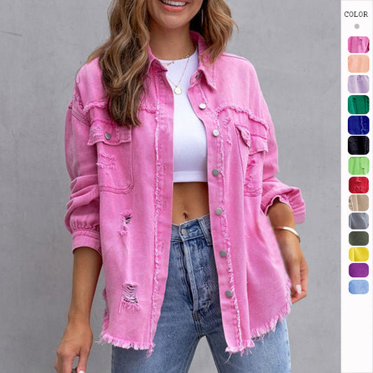 Nova Distressed Shacket – Oversized Ripped Denim-Style Shirt Jacket