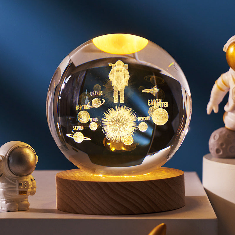 Trend Ritual™ 3D Galaxy Crystal Ball - Luminous Solar System Night Light with Wooden Base