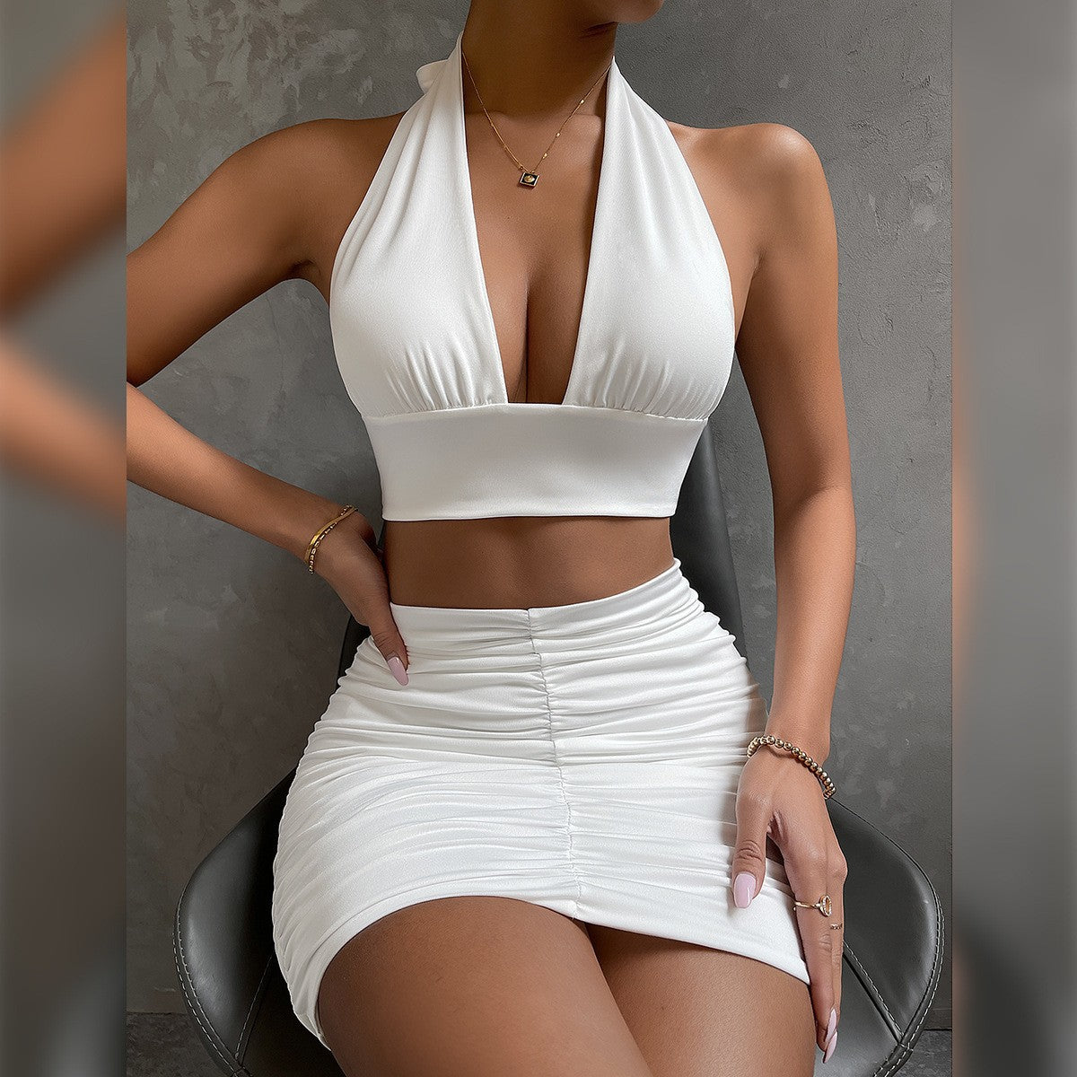 Trend Ritual™ Ribbed Halter Two-Piece Set - Bodycon Lace-Up Top & Pleated Skirt