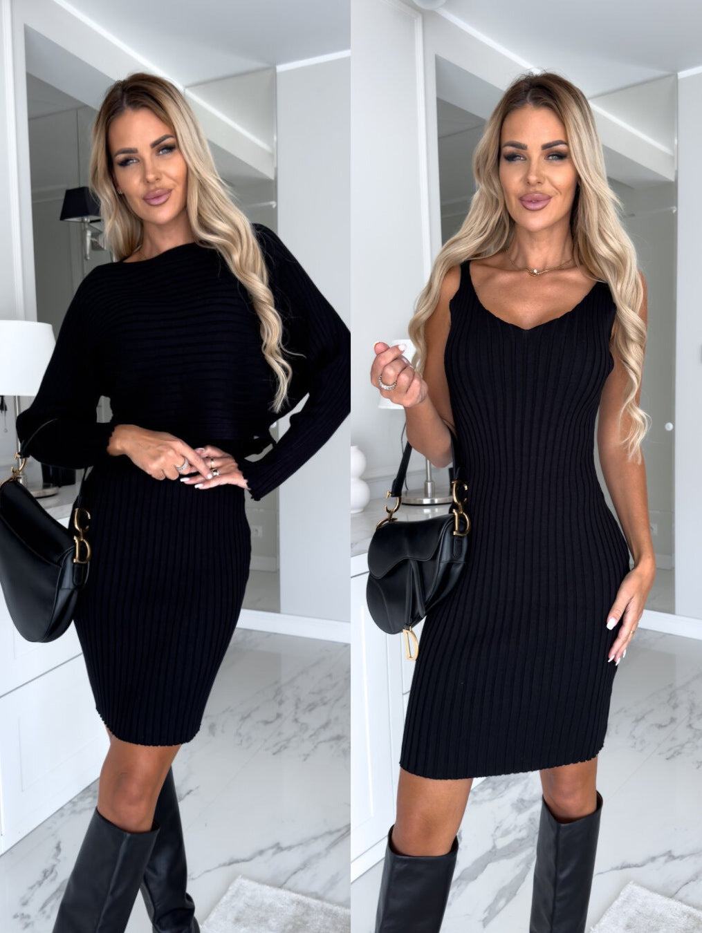Serene Duo™ Ribbed Knit Set – Long Sleeve Mock Neck & Suspender Midi Skirt