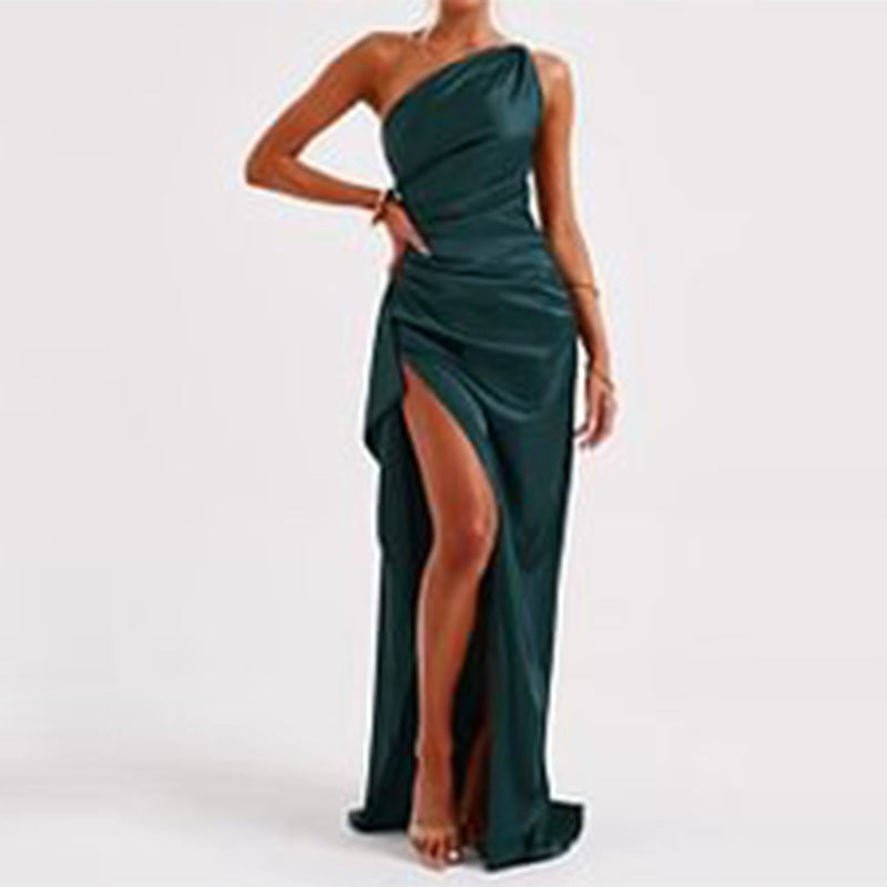 Aurelia Satin One-Shoulder Gown – Elegant Backless Maxi with Thigh-High Slit