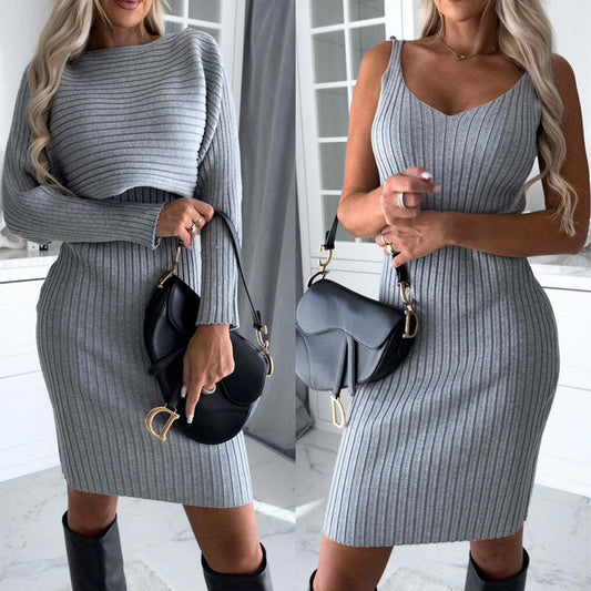 Serene Duo™ Ribbed Knit Set – Long Sleeve Mock Neck & Suspender Midi Skirt