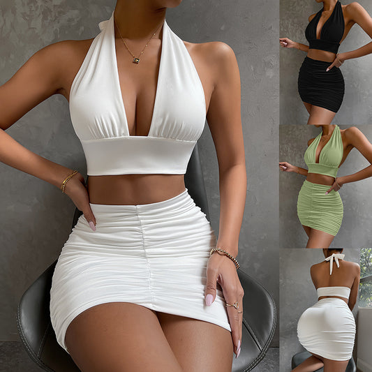 Trend Ritual™ Ribbed Halter Two-Piece Set - Bodycon Lace-Up Top & Pleated Skirt