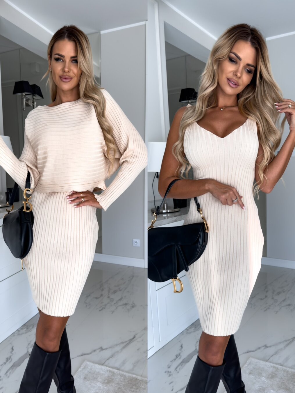 Serene Duo™ Ribbed Knit Set – Long Sleeve Mock Neck & Suspender Midi Skirt