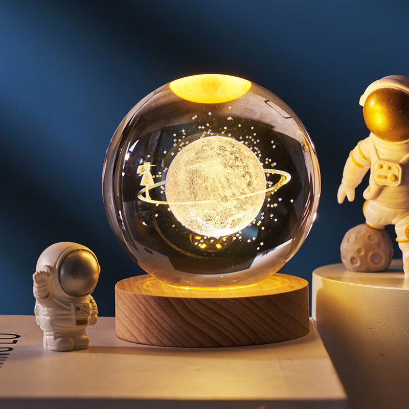Trend Ritual™ 3D Galaxy Crystal Ball - Luminous Solar System Night Light with Wooden Base