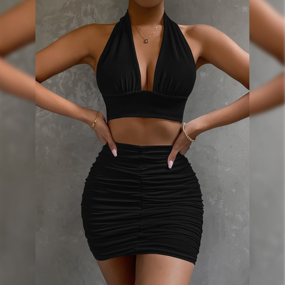 Trend Ritual™ Ribbed Halter Two-Piece Set - Bodycon Lace-Up Top & Pleated Skirt