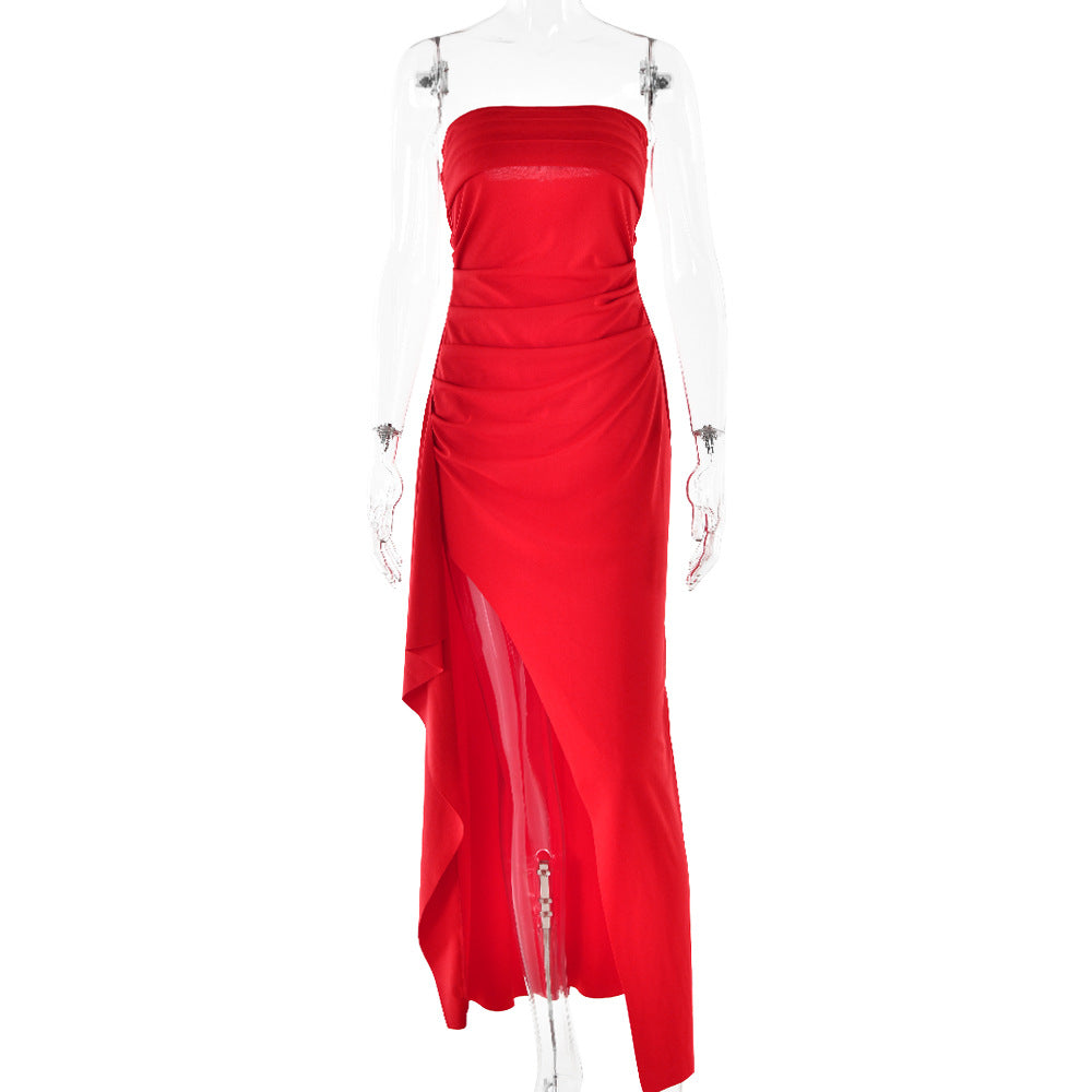 Elena Pleated Maxi Dress – Strapless High-Slit Evening & Bridesmaid Gown